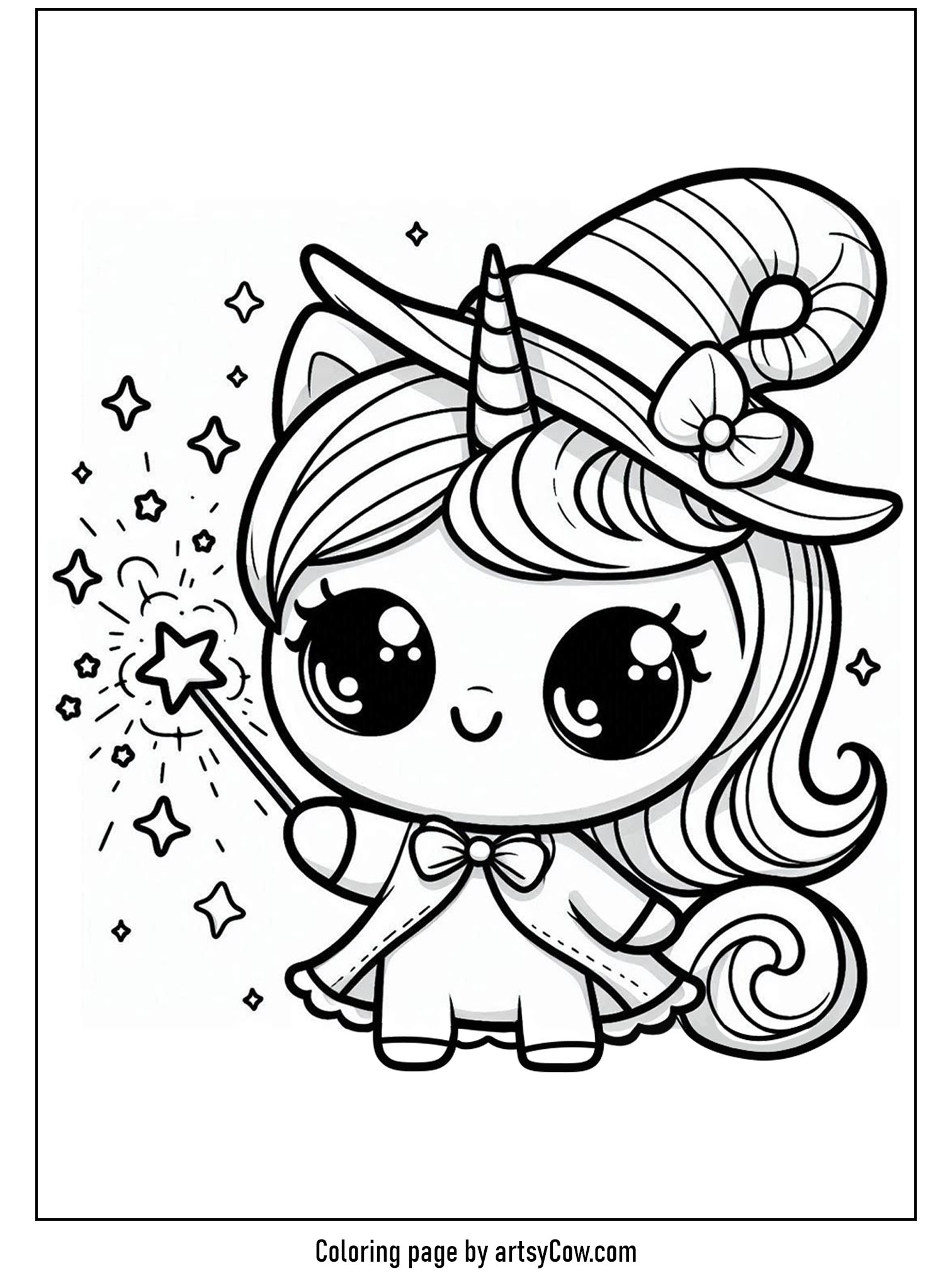 Halloween coloring pages with unicorn 2 featuring a unicorn wearing a wizard hat and holding a sparkly magic wand.